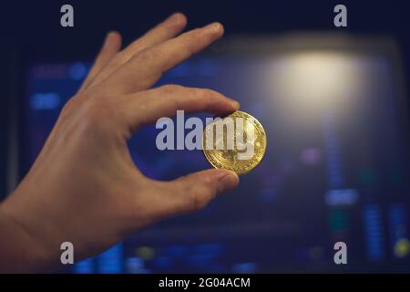 A man holds a bitcoin coin in his hand. The graphs of changes in cryptocurrency rates are shown on the laptop monitor Stock Photo