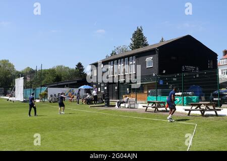 General view of the pavilion during North Middlesex CC (fielding) vs Richmond CC, Middlesex County League Cup Cricket at Park Road on 30th May 2021 Stock Photo