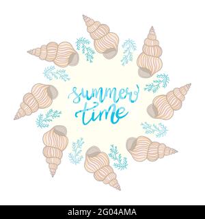Shell yeah vector illustration with seashell and lettering. Summer illustration or print template. Stock Vector