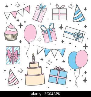 Set of birthday party design elements. Colorful balloons, flags, cupcakes, gifts, candles. Vector illustration Stock Vector