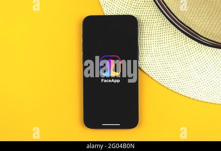 Kharkov, Ukraine - May 28, 2021: Faceapp app logo on the screen of Apple iPhone Stock Photo