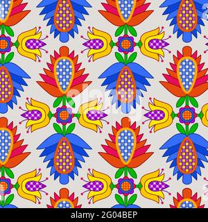 Floral ornament in folk style. Stylized flowers in rhombuses. Seamless patterns. Stock Vector