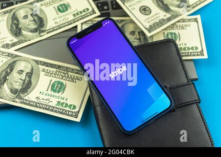 Kharkov, Ukraine - May 28, 2021: Stripe app Irish-American financial services and software application, logo on the screen of the mobile phone Stock Photo