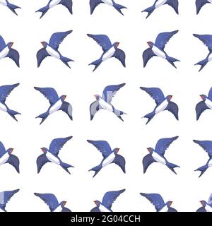 Seamless pattern of swallows on a white background. Birds fly in different angles. Vector, illustration Stock Vector