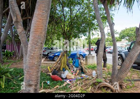 Maui, Hawaii.  Homeless person with camp on the shore near  Kaanapali Beach. Stock Photo