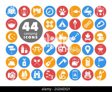 Camping, Hiking, Nature and Outdoor Activities white glyph icons set. Graph symbol for travel and tourism web site and apps design, logo, app, UI Stock Vector