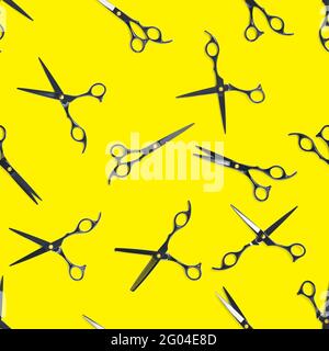 Seamless pattern of black scissors. professional hairdresser black scissors isolated on yellow. Black barber scissors, close up. pop art background Stock Photo