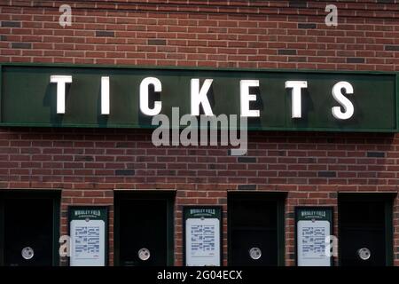 Chicago - Circa May 2021: Wrigley Field Home of the Chicago Cubs ticket office with Cubs schedule posted. Stock Photo