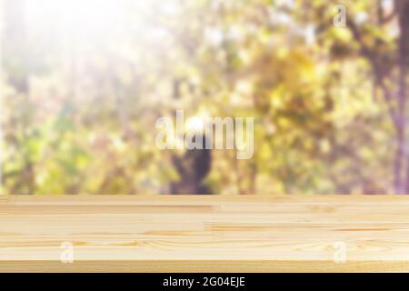 wood table top on blur autumn forest background Stock Photo
