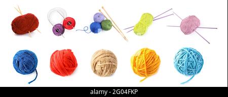 Set of knitting yarns and needles on white background Stock Photo