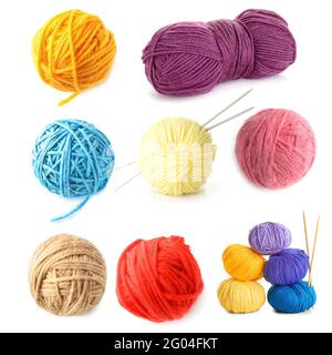 Set of knitting yarns and needles on white background Stock Photo
