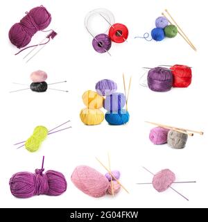 Set of knitting yarns and needles on white background Stock Photo