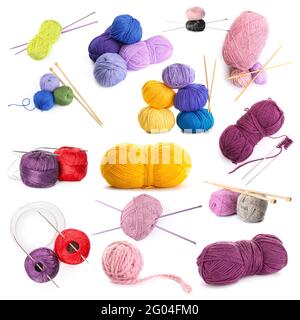 Set of knitting yarns and needles on white background Stock Photo