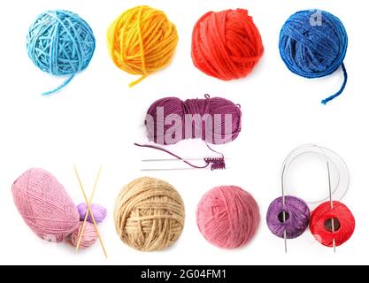 Set of knitting yarns and needles on white background Stock Photo