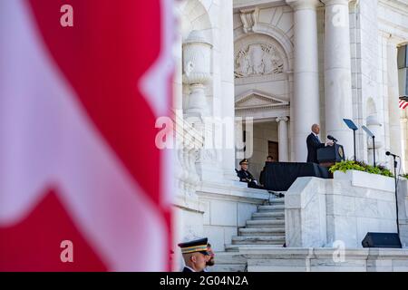 Arlington, United States Of America. 31st May, 2021. U.S President Joe Biden, delivers his address during the annual Memorial Day commemoration in the Memorial Amphitheater at Arlington National Cemetery May 31, 2021 Arlington, Virginia. Credit: Planetpix/Alamy Live News Stock Photo