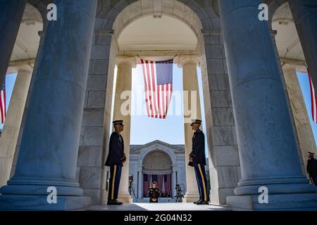 Arlington, United States Of America. 31st May, 2021. Honor Guards from the 3d U.S. Infantry Regiment, The Old Guard, assist in the National Memorial Day Observance at the Memorial Amphitheater Arlington National Cemetery May 31, 2021 Arlington, Virginia. Credit: Planetpix/Alamy Live News Stock Photo