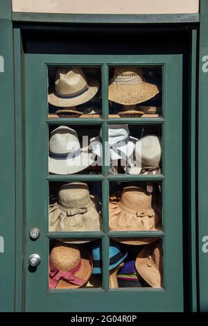 Lahaina, Maui, Hawaii. Display of beautiful hats in a local retail shop. Stock Photo