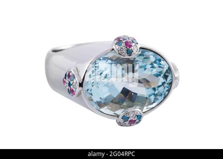 Closeup of a shiny sterling silver ring with a large glinting blue diamond set in the middle Stock Photo