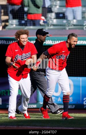 CLEVELAND, OH - May 30: Eddie Rosario (9) and Josh Naylor (22) of the Cleveland Indians celebrate after a walk-off win during game two of a doublehead Stock Photo