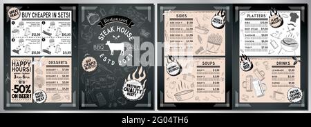 Steakhouse, barbecue grill bar menu template - A3 to A4 card (sides, soups, platters, drinks, desserts, sets) Stock Vector