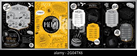 Restarant menu template - A3 to A4 card (burgers, pizzas, grill, desserts, sets) Stock Vector