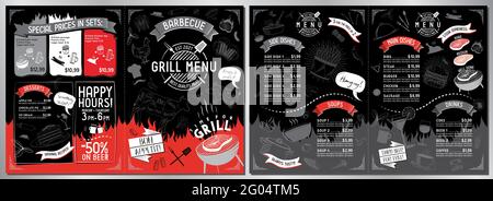 Barbecue restaurant menu template - A3 to A4 card (sides, soups, main dishes, desserts, sets) Stock Vector