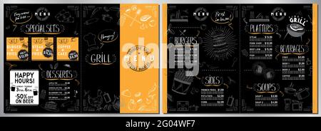 Barbecue grill bar menu template - A3 to A4 card (burgers, sides, grill, desserts, sets) Stock Vector