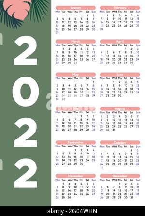 Vertical annual planner with tropical leaves on two-tone background Stock Vector