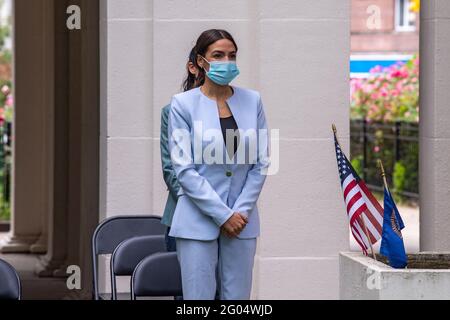 NEW YORK, NY – MAY 31: United States Congresswoman Alexandria Ocasio-Cortez attends the American Legion Boulevard Gardens 2021 Memorial Day Ceremony on May 31, 2021 in the Queens borough of New York City. Memorial Day is a federal holiday honoring military personnel who have died in performance of their military duties. Credit: Ron Adar/Alamy Live News Stock Photo