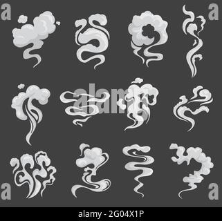 Cartoon smoke flows, steam explosion, smog and smoke clouds, vector icons. Fog smoke, mist steam clouds white smog effect, spooky dust explosion of ga Stock Vector