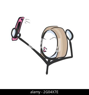 Selfie photo for social media. Vector simple. Phone snap. Stickman no face clipart cartoon. Hand drawn. Doodle sketch, graphic illustration Stock Vector