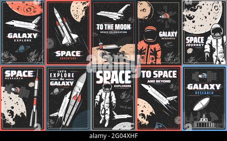 Galaxy and space exploration vector retro posters with glitch effect. Rocket and shuttle in outer space, rover on Moon or Mars surface, astronaut or s Stock Vector