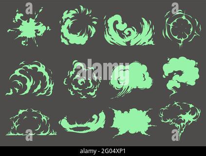 Cartoon bad green smell clouds, smoke and toxic steam. Vector stench or stink, fart, spoiled rotten food odor, fume trails, disgusting stinky breathin Stock Vector