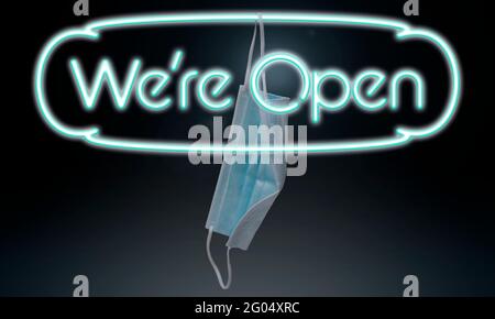 Neon Sign announcing reopening of business after the virus with a covid mask Stock Photo