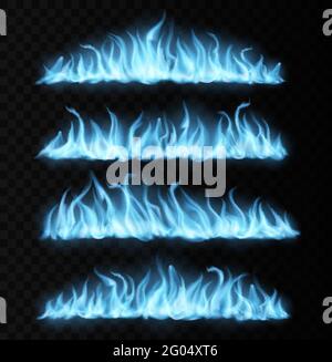 Blue realistic gas fire trails, long burning tongues. Vector magic flames, burning blaze 3d effect, glowing shining flare borders. Fire design element Stock Vector