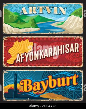 Artvin, Afyonkarahisar, Bayburt il, Turkey provinces vintage plates or banners. Vector aged travel destination signs. Retro grunge boards, worn signbo Stock Vector