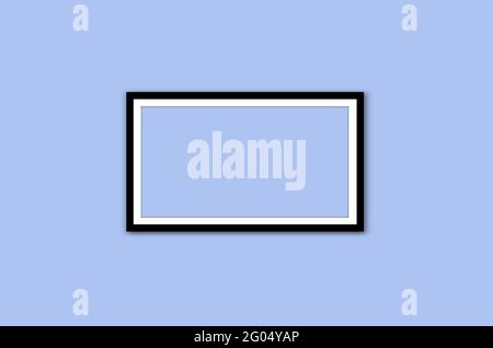 One Horizontal Rectangular Picture Frame blue blank With Black Borders Hanging in Blue wall. 1 Three-dimensional foto frame. isolated in blue. 3D Stock Photo