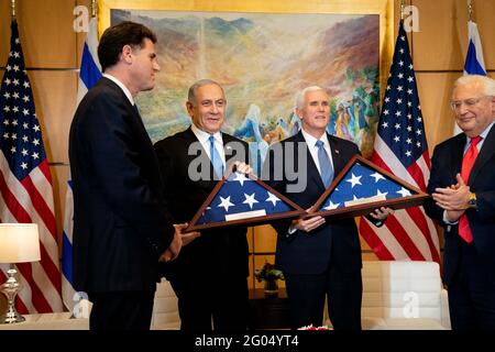 Vice President Mike Pence meets with Israel Prime Minister Benjamin Netanyahu Thursday, Jan. 23, 2020, at the US Embassy in Jerusalem, Israel