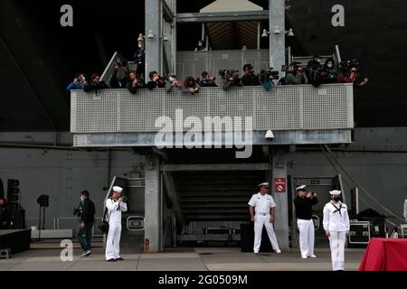New York, New York, USA. 31st May, 2021. News Media attends the Annual Memorial Day Ceremony held at the Intrepid Sea, Air, and Space Museum Complex on May 31, 2021.in New York City. Credit: Mpi43/Media Punch/Alamy Live News Stock Photo
