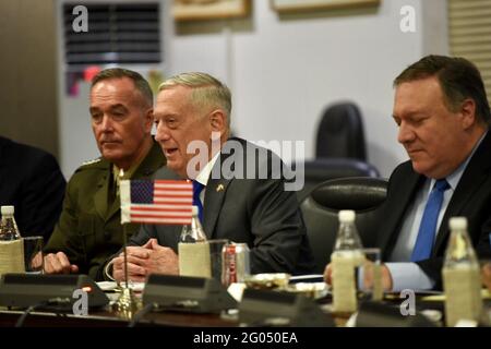 Reportage:  The chairman of the Joint Chiefs of Staff, Marine Corps Gen. Joseph F. Dunford, U.S. Defense Secretary James N. Mattis and U.S. Secretary of State Michael Pompeo take part in the first ever U.S.-India 2-2 ministerial dialogue, at the Ministry of Foreign Affairs Jawaharlal Nehru Bhawan, New Delhi, India, Sept. 6, 2018. The leaders are affirming their commitment to enhancing the U.S.-India relationship. Stock Photo