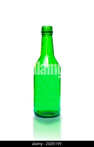 Green empty glass bottles on white background. Stock Photo