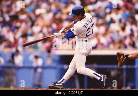 Los Angeles baseball player Brett Butler fielding a ball in the