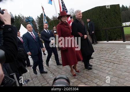Reportage:  King Philippe and Queen Mathilde of Belgium arrive for the 75th anniversary of the Battle of the Bulge commemoration, at the Luxembourg American Cemetery, Luxembourg City, Luxembourg, Dec. 16, 2019. Stock Photo