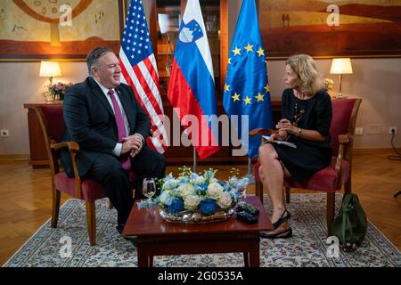 Secretary of State Michael R. Pompeo participates in an interview with the Slovenian National Press Agency in Ljubljana, Slovenia, on August 13, 2020. Stock Photo