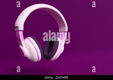 3d illustration of white retro headphones  on  pink  isolated background on neon lights. Headphone icon illustration Stock Photo