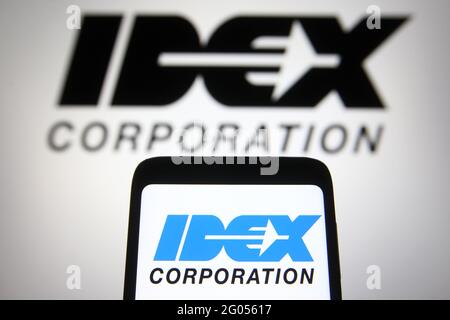 Ukraine. 31st May, 2021. In this photo illustration the IDEX Corporation logo is seen on a smartphone and a pc screen. (Photo by Pavlo Gonchar/SOPA Images/Sipa USA) Credit: Sipa USA/Alamy Live News Stock Photo