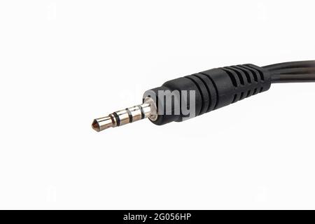 black 3.5 mm jack audio cable isolated on white background. Stock Photo