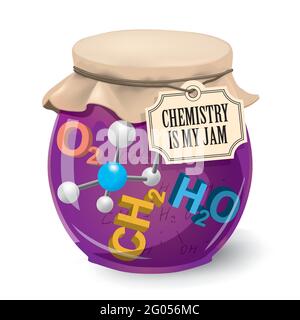 Chemistry is my jam. Funny vintage concept. Illustration of jam glass jar with chemistry 3d symbols and label with slogan. Vector available Stock Vector