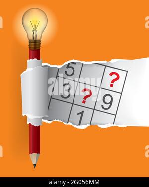 Smart Pencil with bulb and sudoku, torn paper. Illustration of orange ripped paper background with playful sudoku motif. Vector available Stock Vector