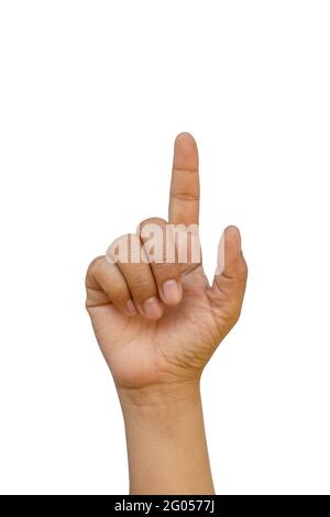 Hand gesture with index finger pressing or pointing to a separate object on a white background with the clipping path. Stock Photo